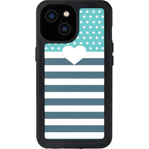 Polka Dots and Stripes Heart in Blue iPhone 15 Waterproof Case